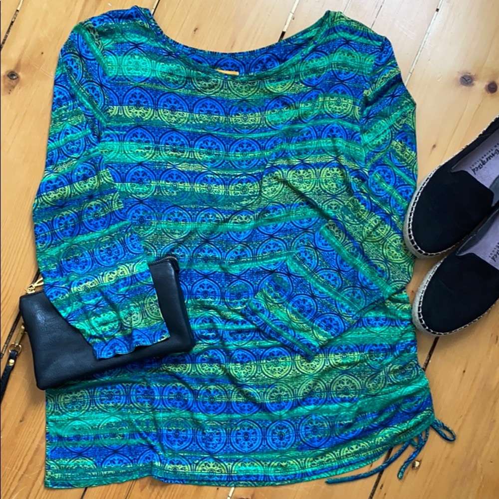 Ruby Red, Patterned Top, Side Ruching, 3/4 Sleeves - image 1